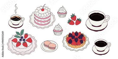 Seamless pattern of a cute cartoon vector set featuring Easter eggs with flowers, sweet cupcakes, and chocolate birthday desserts.