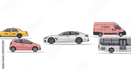 Variety of vehicles car taxi bus and van on white background