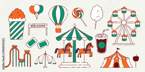 Amusement park and carnival icon set with ferris wheel carousel tent balloons and funfair elements.