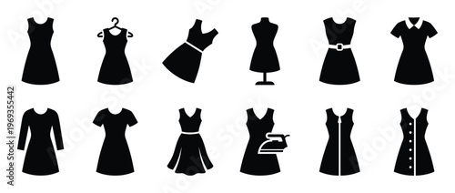 Collection of black dress icons in various styles, including sleeveless, short-sleeved, and long-sleeved designs