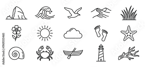 Collection of fifteen simple outline icons representing various nature and beach elements, presented in a clean, minimalist style