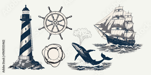 A nautical vector illustration of a sailing ship and sailboat traveling on ocean waves under the summer sun, featuring a stylized vessel design perfect for sea adventure and travel icons|