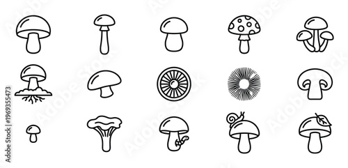 Collection of black outline mushroom icons displayed in various shapes and forms on a clean surface