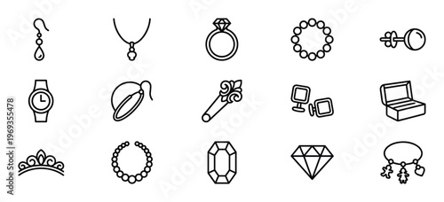 Collection of black outline jewelry icons, including earrings, necklaces, rings, bracelets, watches, and gems, presented with a clean, modern aesthetic