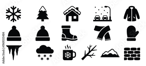 Collection of black winter-themed icons including a snowflake, tree, house, cars, jacket, hat, boot, scarf, mitten, icicles, snow cloud, hot drink, branch, and snow pile