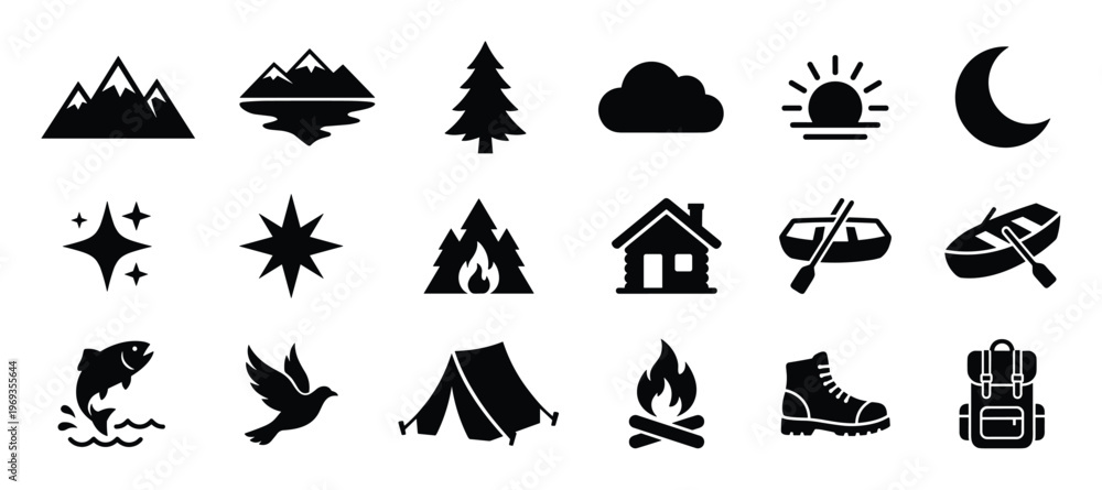 Fototapeta premium Collection of black silhouette icons representing various outdoor and nature-related elements, presented in a clean, graphic style