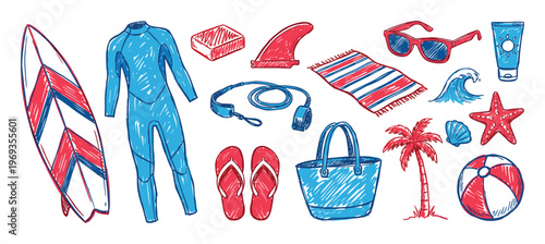 Collection of hand-drawn summer and beach items, including a surfboard, wetsuit, sunglasses, and flip-flops, rendered in a playful, doodle style