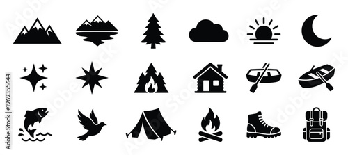 Collection of black silhouette icons representing various outdoor and nature-related elements, presented in a clean, graphic style