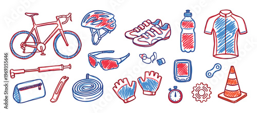 Collection of hand-drawn cycling equipment and accessories, including a bicycle, helmet, shoes, and water bottle, rendered in a playful sketch style