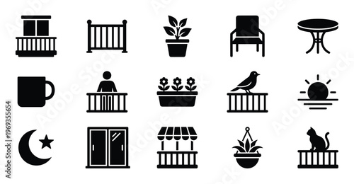 Collection of black silhouette balcony related icons, including plants, furniture, and animals, presented in a clean, minimalist style