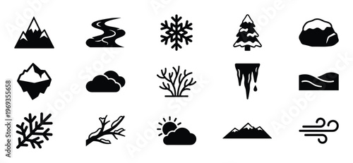 Collection of fifteen black silhouette nature and weather icons, including mountains, clouds, snow, and wind, presented as a graphic design element