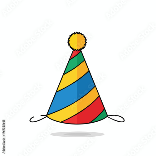A colorful cone-shaped party hat with a yellow pom-pom and strings
