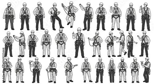 Collection of Diverse Firefighter Poses and Equipment Illustrations.