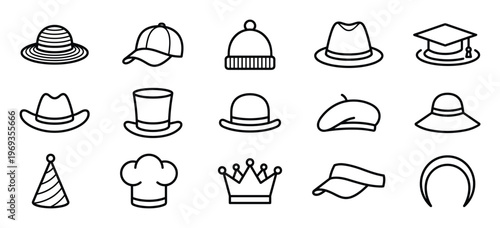 Collection of fifteen diverse hat and headwear outline icons, including a fedora, baseball cap, and graduation cap, presented in a clean, minimalist style