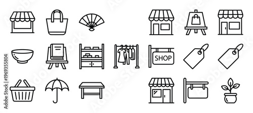 Collection of various shopping and retail-related black outline icons, including storefronts, bags, and price tags, presented in a clean, graphic style