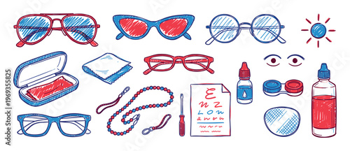 Various hand-drawn red and blue optical accessories, including eyeglasses, sunglasses, contact lenses, and eye care items, are arranged neatly