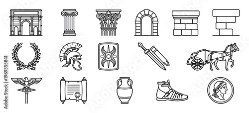 Collection of black outline icons representing various ancient Roman historical elements and artifacts, clean vector illustration