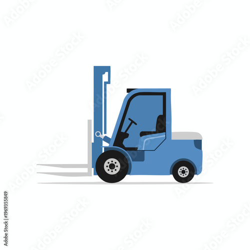 A blue forklift truck with raised forks, on white background