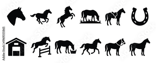 Collection of various horse silhouettes and equestrian related icons in a clean, graphic style