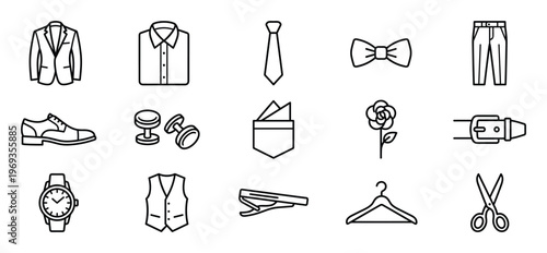 Collection of fifteen black outline icons representing various men's fashion accessories and clothing items, neatly arranged