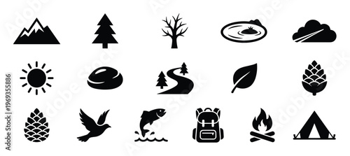 Collection of fifteen black silhouette nature and outdoor activity icons arranged neatly on a white surface