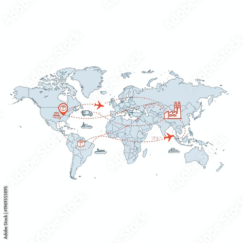 World map showing global shipping routes connecting continents with planes, trucks, and ships