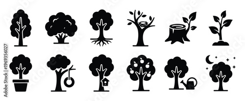 Various black silhouette tree icons including a tree with roots, a tree stump, a sapling, and an apple tree