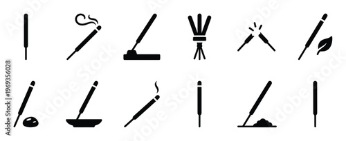 Collection of various black silhouette incense sticks and burners, some smoking, presented as simple icons