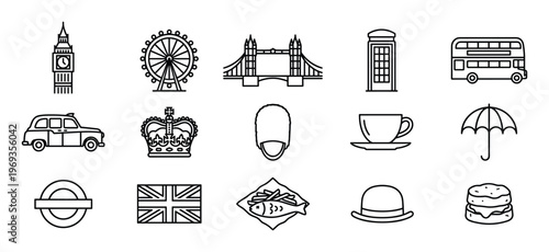 Collection of fifteen black outline icons representing various British cultural symbols and landmarks, arranged neatly on a clean white surface