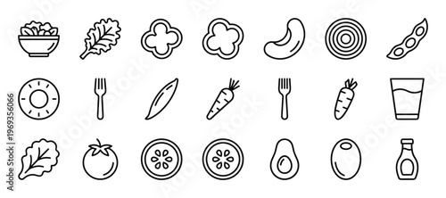 Collection of black outline vector icons depicting various healthy food items and kitchen utensils in a clean, modern style