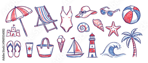 Collection of hand-drawn red and blue summer vacation items, including a beach umbrella, deck chair, and swimsuit