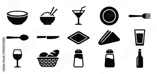 Collection of black and white food and drink icons, including bowls, cutlery, glasses, and condiments, arranged neatly