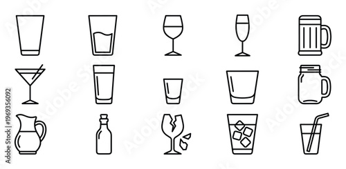 Collection of various outline icons depicting different types of drinking glasses, bottles, and pitchers in a clean, minimalist style