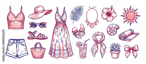 Various hand-drawn summer fashion items and beach accessories are arranged in a vibrant, artistic collection with red and blue outlines