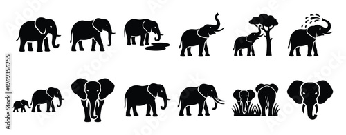 Collection of black silhouette elephant icons in various poses and sizes, showcasing different actions and perspectives