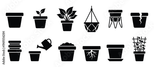 Collection of black silhouette icons depicting various plant pots, gardening tools, and potted plants with different growth stages and accessories