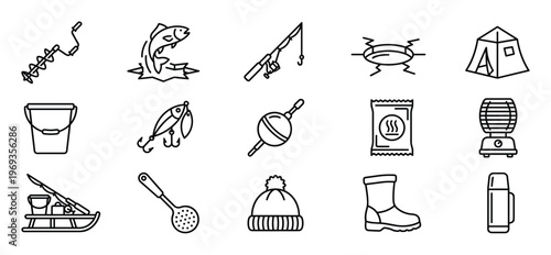 Collection of fifteen black outline icons representing various essential items for ice fishing activities and winter outdoor adventures