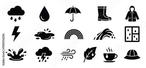 Collection of black and white weather and rain-related icons, including clouds, raindrops, umbrellas, and boots, presented in a clean, graphic style
