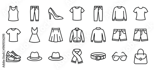 Collection of various outline clothing and accessory icons, including shirts, pants, shoes, and hats, arranged neatly