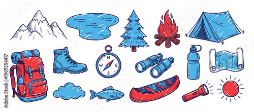 Various hand-drawn camping and hiking items are arranged neatly, showcasing essential outdoor adventure gear in a vibrant, illustrative style