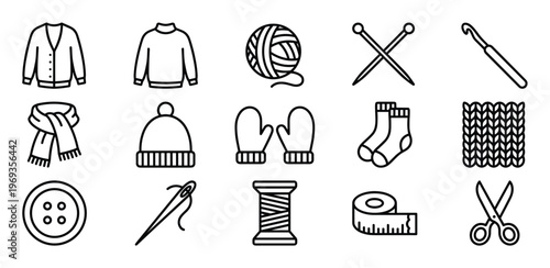 Collection of black outline knitting and sewing icons, including garments, tools, and materials, presented clearly