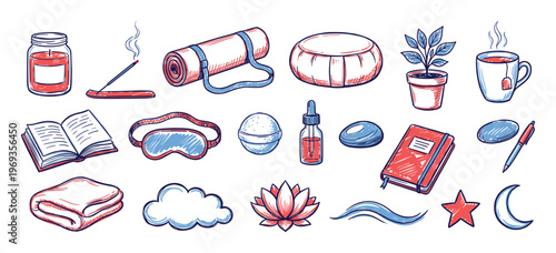 Collection of hand-drawn wellness and relaxation items, including a yoga mat, candle, tea, and book, in a doodle style