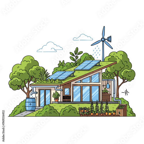 Eco-friendly house with solar panels, garden, rain barrel, and wind turbine