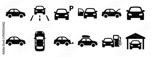 Collection of black silhouette car icons illustrating various automotive situations and services, presented in a clean, graphic style