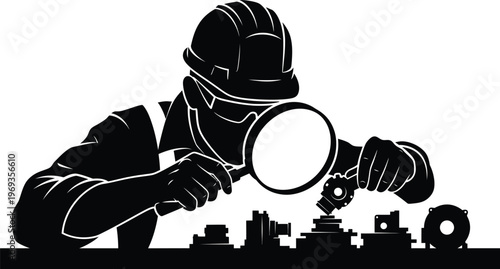 Detective with magnifying glass investigating a miniature cityscape