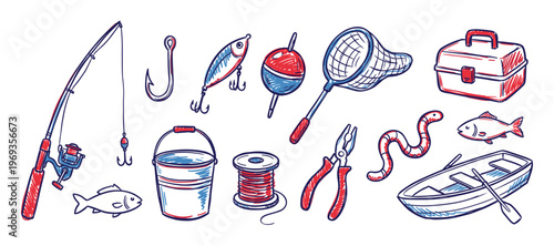 Collection of hand-drawn fishing equipment and accessories in red and blue sketch style on a white surface