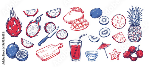 Hand-drawn tropical fruit collection features vibrant dragon fruit, mango, kiwi, pineapple, and lychee illustrations in a lively sketch style