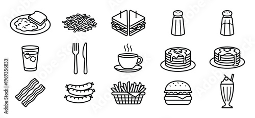 Collection of black outline diner food and drink icons, including breakfast, lunch, and beverage items, presented in a clean, graphic style