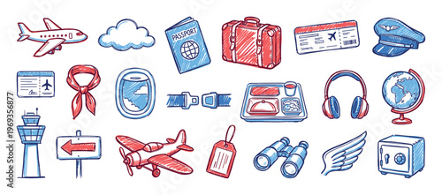 Collection of hand-drawn travel and aviation themed doodle icons in red and blue colors, illustrating various elements of air travel