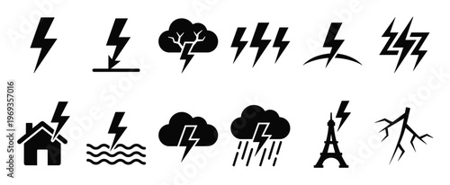 Collection of black lightning bolt icons and symbols representing various weather and hazard conditions